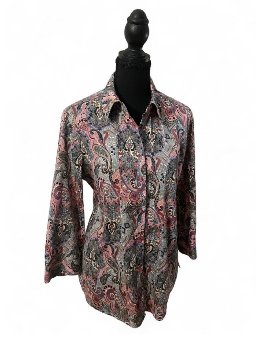 Foxcroft Paisley Button Down Shirt Cotton Soft Funky Blouse Collar Colorful, 10